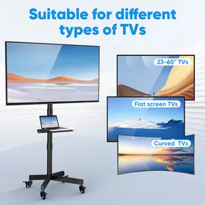 Forged MobileTV Stand.Suitable for23-65-inch LCD/LED flat-panel/curvedTVs. 15° tiltTV cart. Capacity up to 88 lbs. Portable stand with laptop holder.Rolls flatto the floor.Lockable wheels. Max VESA 400x400mm.HeightAdjustable Portable TVStand withtv stand