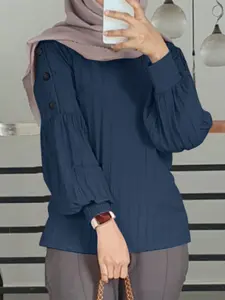ZANZEA Women's Casual Shirt Blouse, Round Neck Long Sleeve Lantern Sleeve Decorative Buttons Texture Design, Perfect for Daily Outing