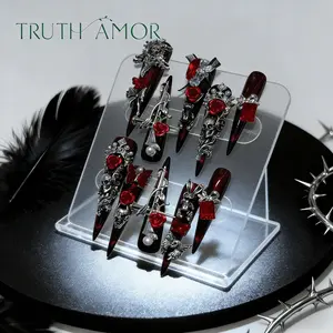 TRUTH AMOR Dark Gothic Rose & Skull Handmade Press On Nails | Red-Black Gradient with Heavy Metal Decor | Reusable | Perfect for Music Festival & Gothic Party,nail kit set，nail kit，my nail set，Bedazzled kit