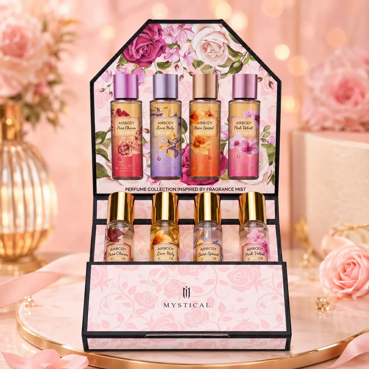 MYSTICAL 4Pcs Perfume Collection Gift Set for Women, Long Lasting Body Fragrance Mist Spray Kit - Pure Charm, Love Holy, Bare Spiced, Pink Velvet, Perfect Golden Floral Birthday Gift for Her