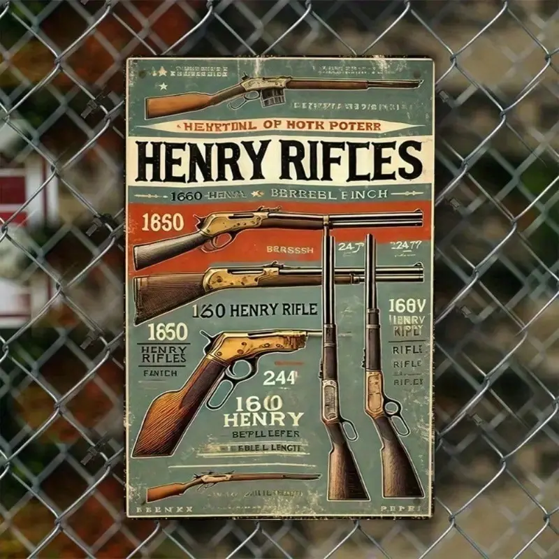 Vintage Metal Sign Henry Rifles 8x12 Inches Wall Decor, Classic Americana Historical Firearm Display Sign, Retro Rifle Illustration Wall Art