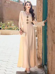 Embroidered Dress, Muslim Dress, V Neck Gown with Geometric Jewelry Collar, Gold Trim, Perfect for Weddings and Eid Celebrations