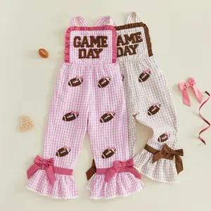 Toddler Baby Little Girls Jumpsuit Sleeveless Football Embroidery Plaid Romper Bell Bottoms 1-6 Years