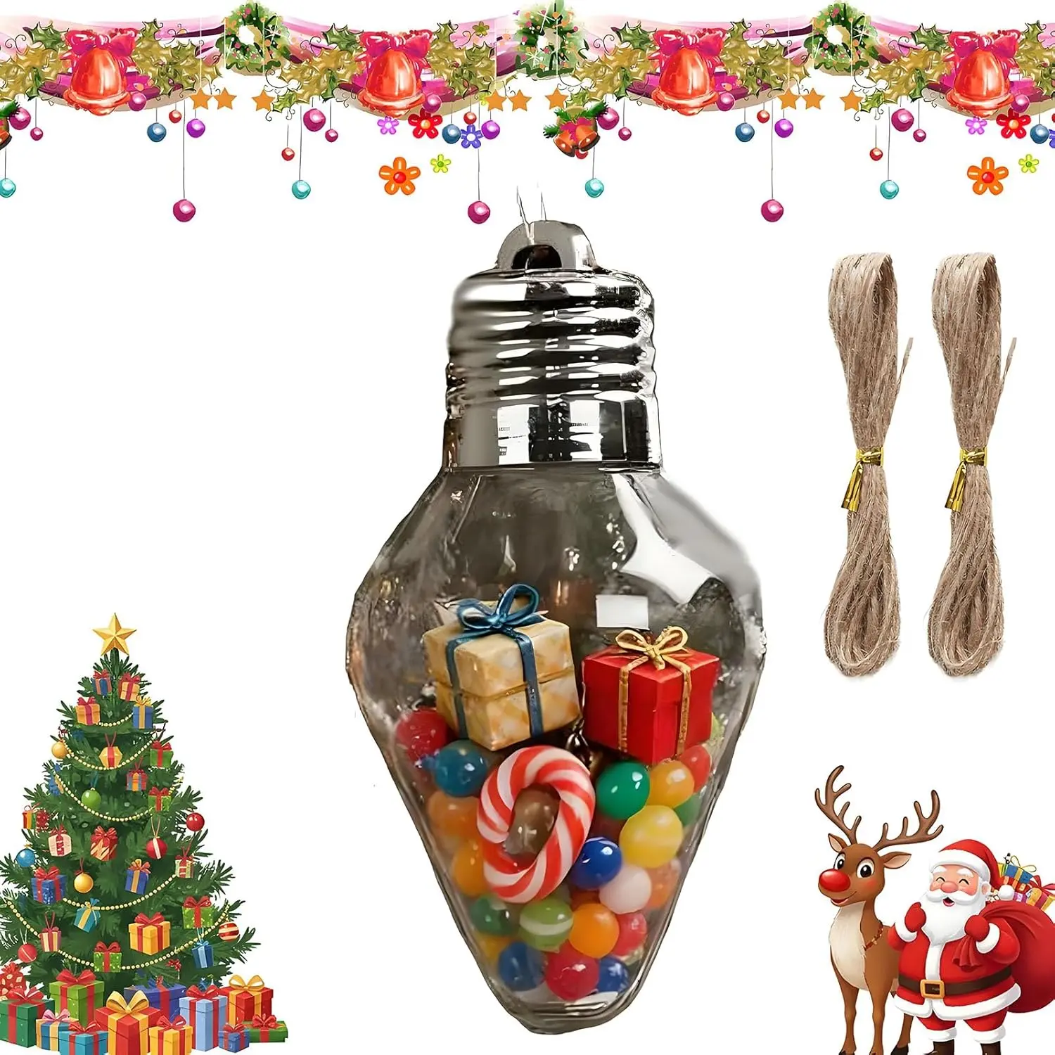 Jumbo Lightweight Bulb-Form Fillable Jars, Clear Christmas Bulb Ornaments with Lids & Hanging Loops, Reusable Plastic Containers for Xmas Tree Decorations, Crafts & Party Favors