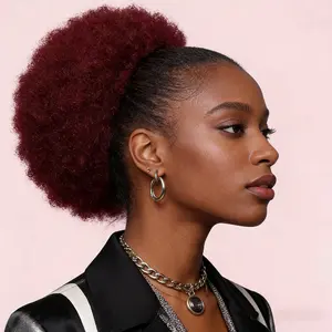 Afro Puff Drawstring Ponytail Extension Short Kinky Curly Afro Bun Drawstring Pony Tail Synthetic Hairpiece Hair Puffs for Women Girls Burgundy