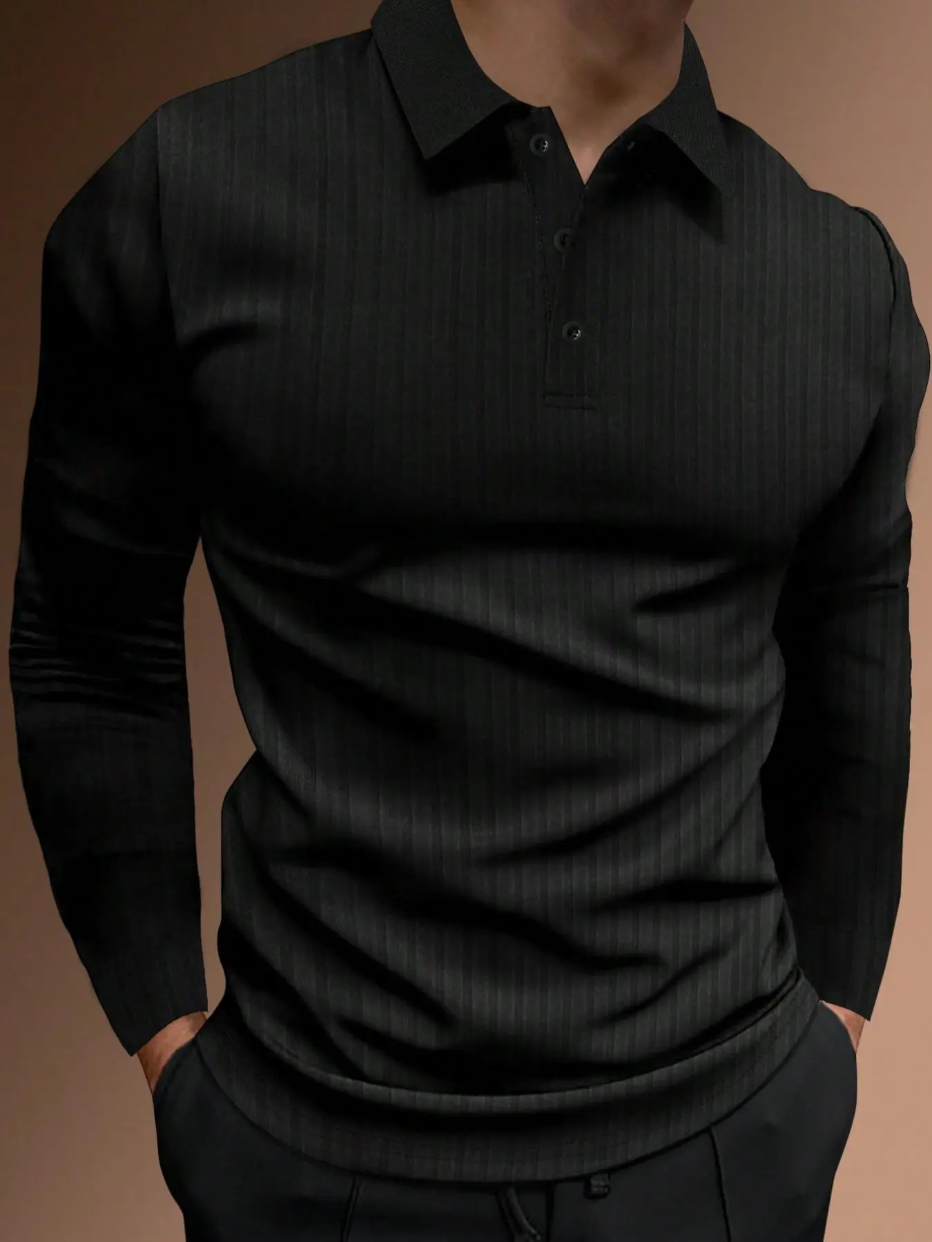 Men's Solid Color Button Up Polo Shirt, Regular Fit Business Casual Long Sleeve Top, Spring & Fall Fashion, Daily Wear Men's Clothing