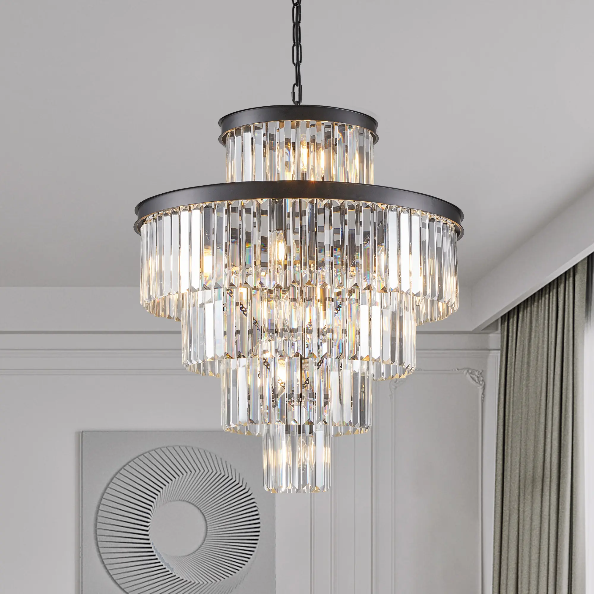 Black Crystal Chandelier, Modern Round Cascading Ceiling Light Fixture with K9 Crystals, Luxury Hanging Pendant Lighting for Dining Room Living Room Entryway Bedroom High Ceiling, Bulbs Not Included, Summervibes