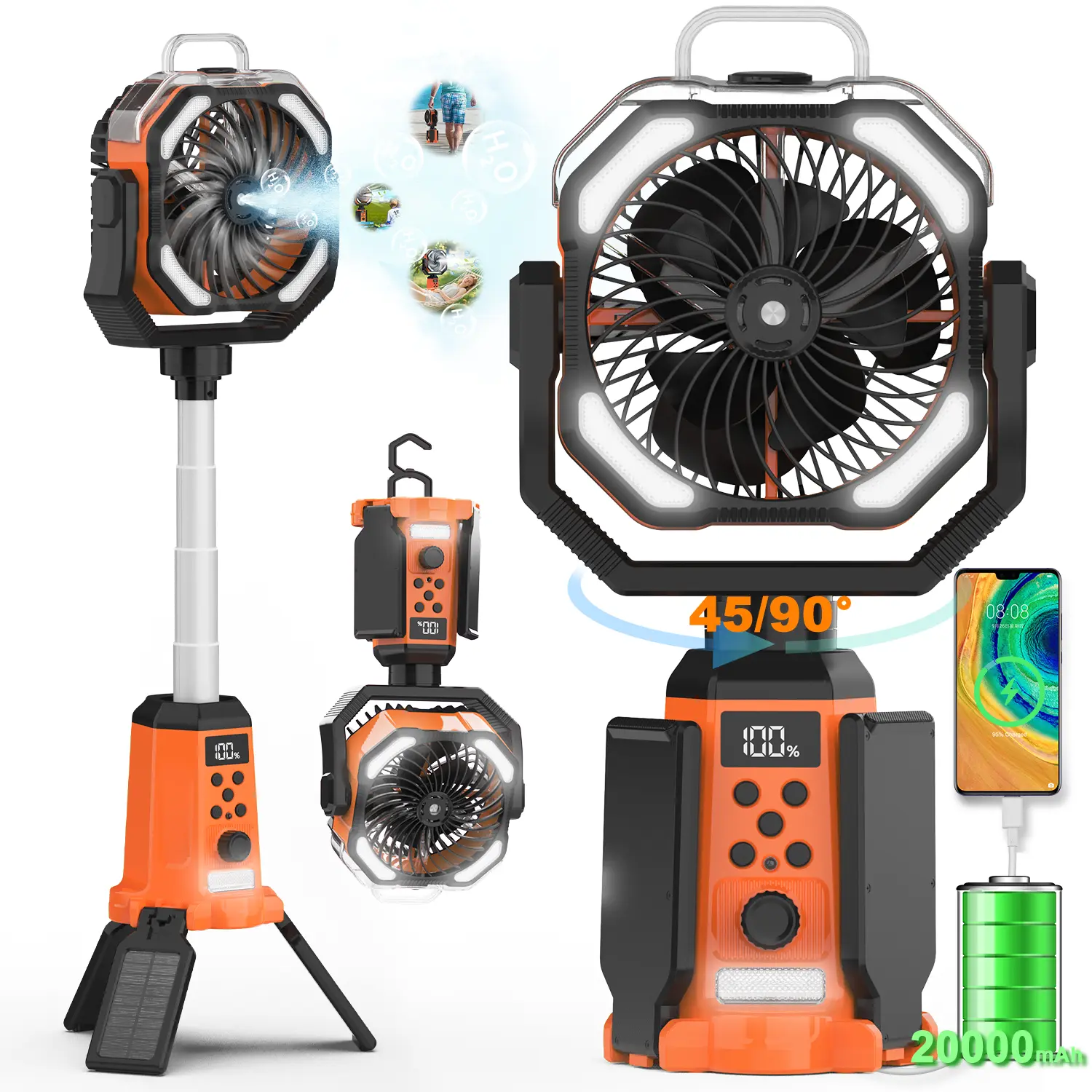 4-in-1 Wireless Portable Camping Fan - 20000mAh Rechargeable, Spray Function, LED Light, 270° Head Pivot, 26.24ft Remote, Adjustable Desk Portable Fans, Stay Cool for Camping, Outdoor Use