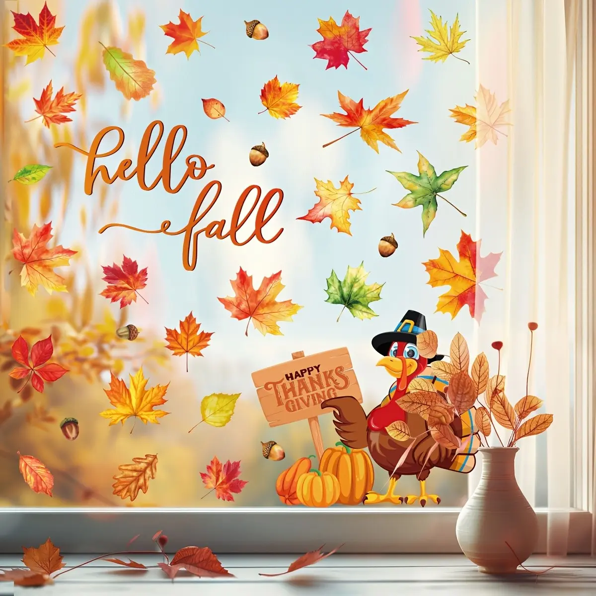 Thanksgiving Fall Decor Set, Easy Peel Stick Window Stickers, Hello Fall Handwriting, Maple Leaves, Acorns, Turkey, Pumpkin, Happy Thanksgiving