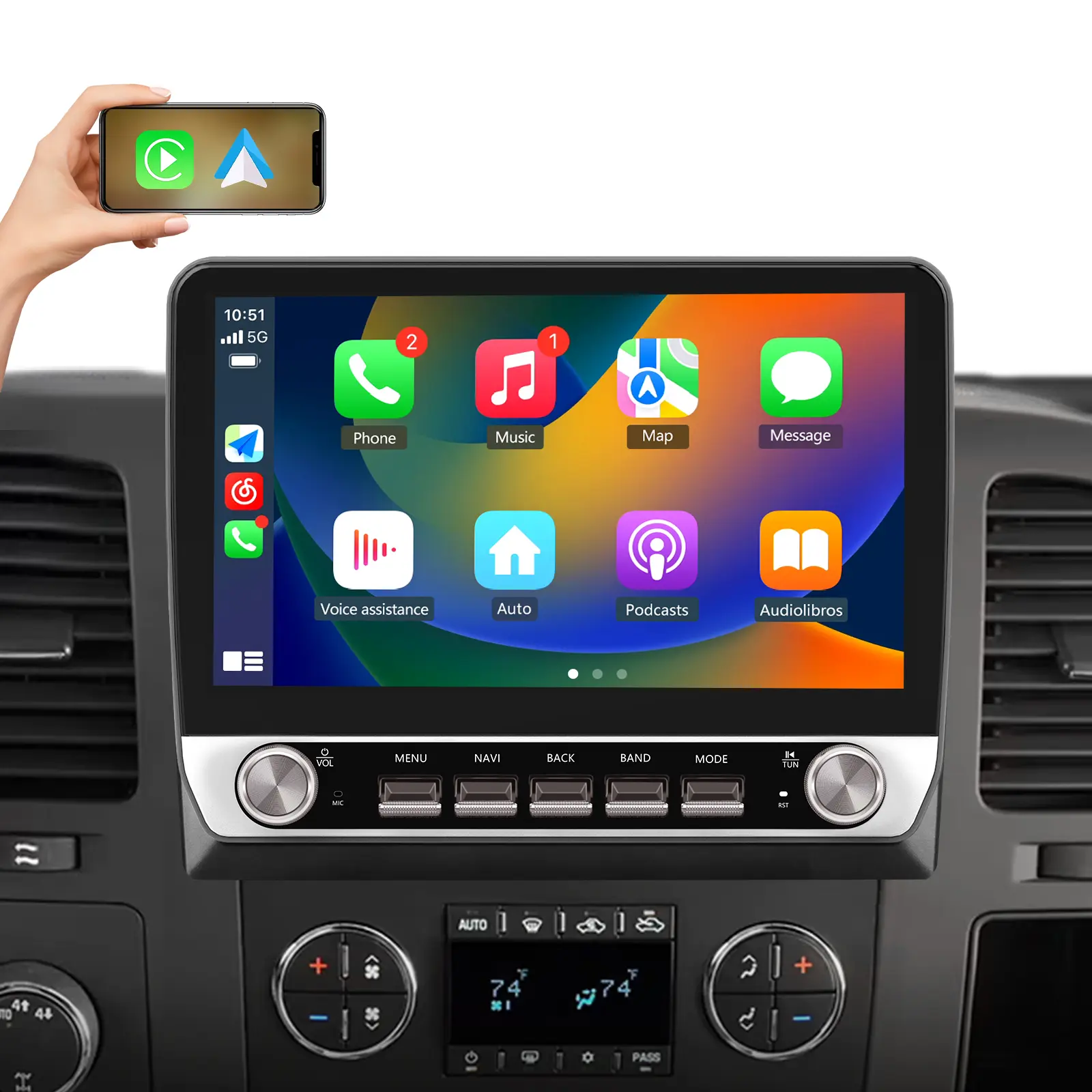 10.1" Android 13 Car Stereo for GMC Chevy Silverado 2007-2013 touch screen has Android Auto Wireless Carplay, Bluetooth WIFI supports GPS Navigation