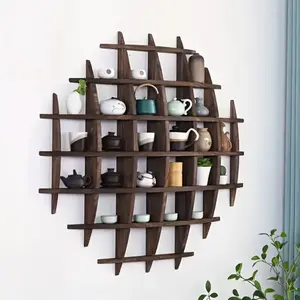 Solid Wood Chinese Tea Cup Holder, Wall Mounted Teapot Display Stand, Wall Decoration Teaware Shelf Storage Rack for Living Room Kitchen Office Commercial