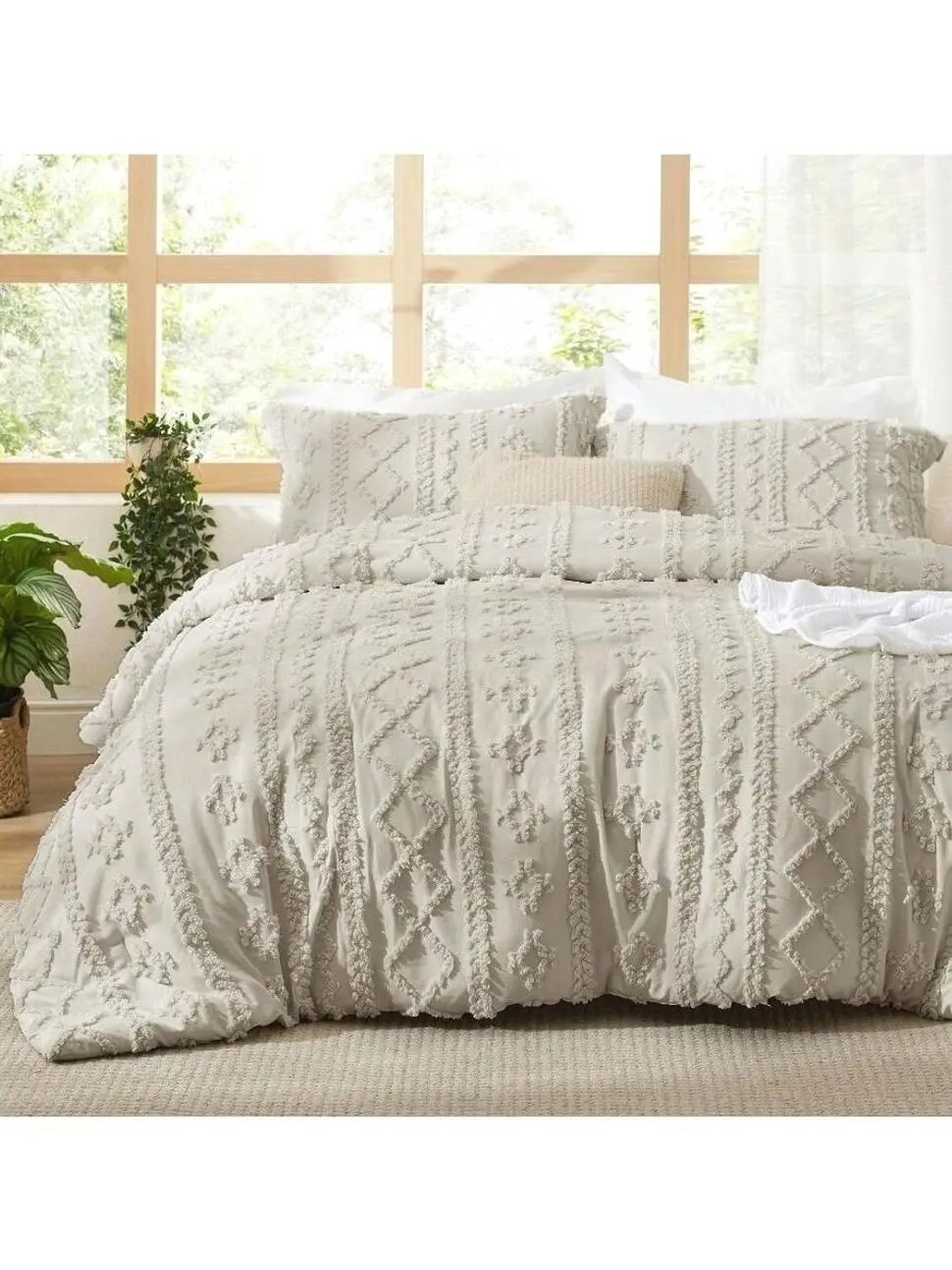 Bedsure Tufted Boho Comforter Set, Farmhouse Embroidered Bedding, Soft All Season Comforter, College Dorm Bedroom Decor, Gift Idea