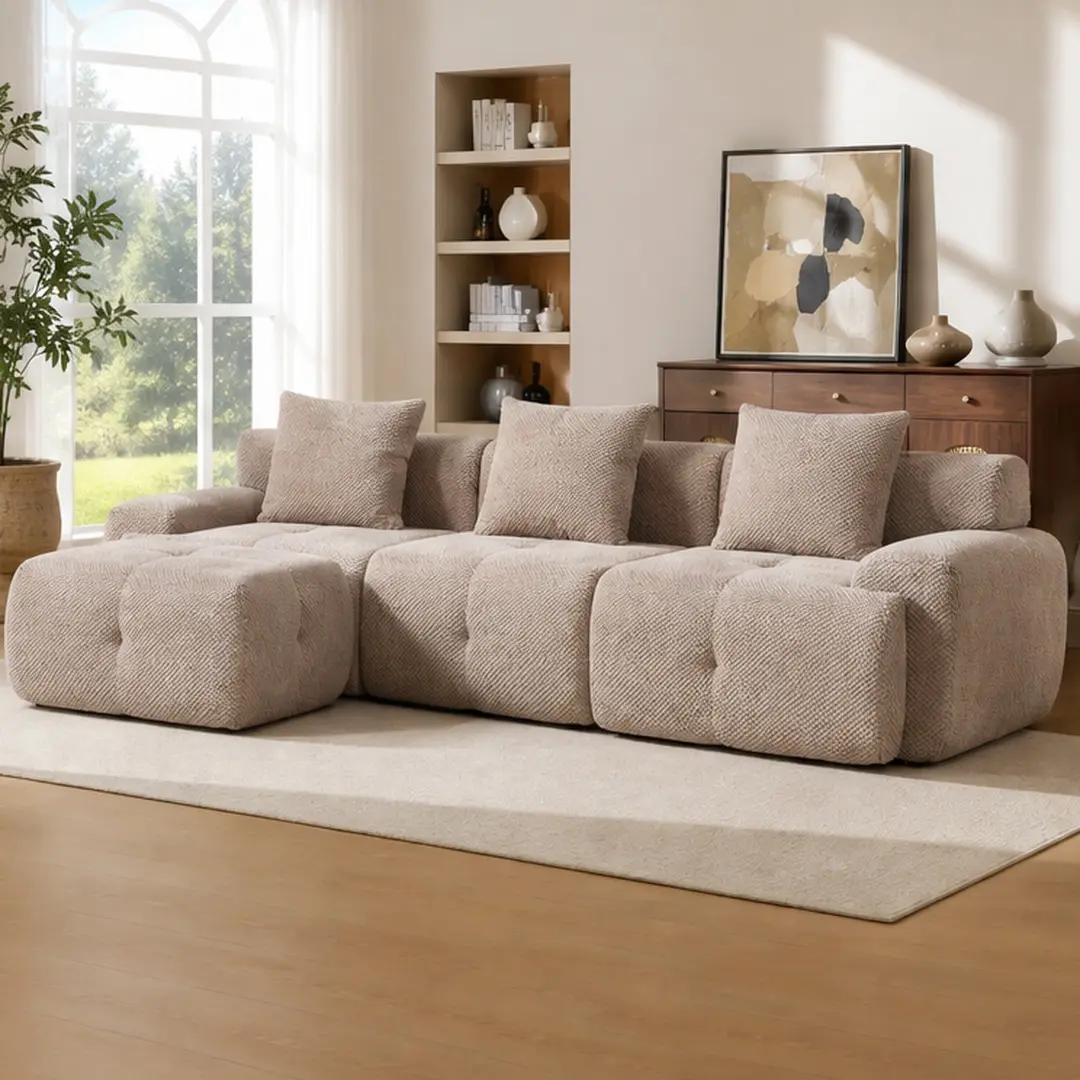 ARCH 104.3" L Shaped Modular Sectional Sofa for Living Room, Oversized 3-Seater Boneless Cloud Tufted Couch with Deep Seat, Movable Ottoman & 3 Pillows, No Assembly, Taupe Polyester, 4-Seat Family Set, Charcoal/Fuzzy Fabric/Ivory/taupe Color Options