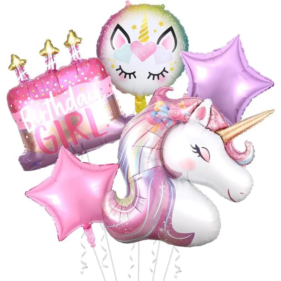 5 count Unicorn Balloons - Unicorn Party Decorations 3D Birthday Decorations for Girls Foil Balloons Set Macaron and Rainbow Balloon Wedding  Shower Party Supplies