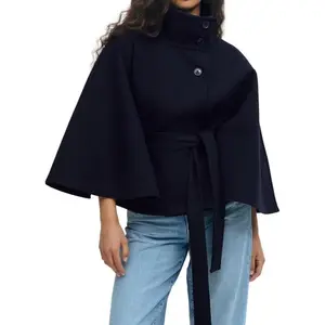 Women’s Batwing Sleeve Poncho Pea Coat Wool Stand Collar Belt Cape Jacket Winter Cropped Overcoat