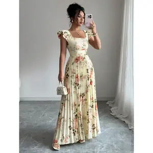Women's Rose Floral Print Flutter Sleeve Ruched Fitted Dress, Casual Vacation Wear, Elegant Spring Summer Fashion, Ladies' Stylish Clothing, WomenswearRAIMENTRY