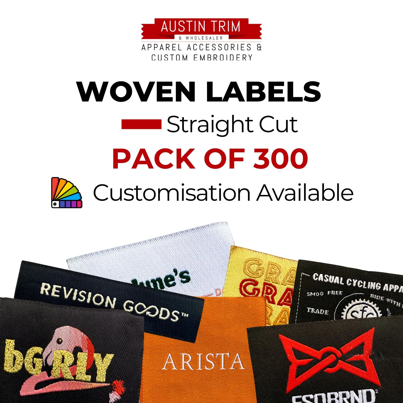Austintrim's Finest Custom Woven Clothing Labels: Wholesale 300-Pack, Cotton, Straight Cut, 2 x 0.625 Size