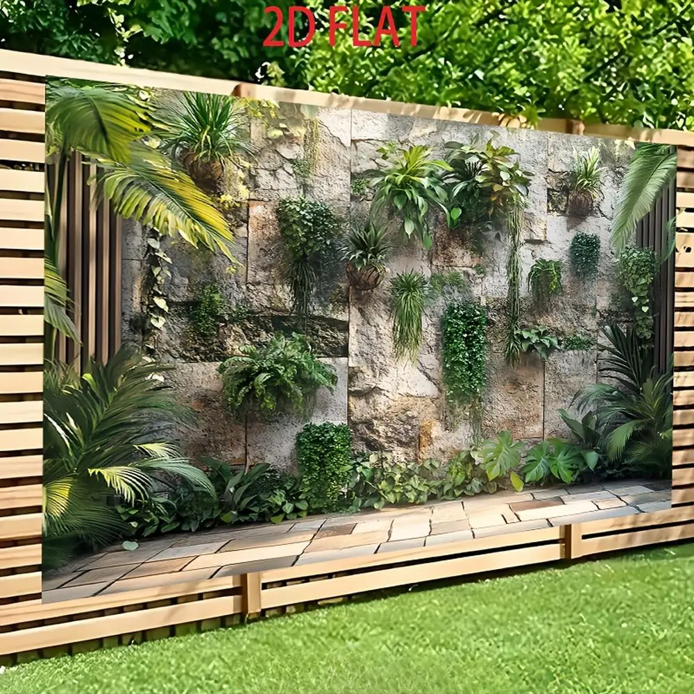 1PC 2D Flat Artificial Green Plant Rock Wall Backdrop, Reusable Waterproof Sun-proof Indoor/Outdoor Garden Decor - Privacy Screen Wall Cloth for Balcony, Patio Accessories