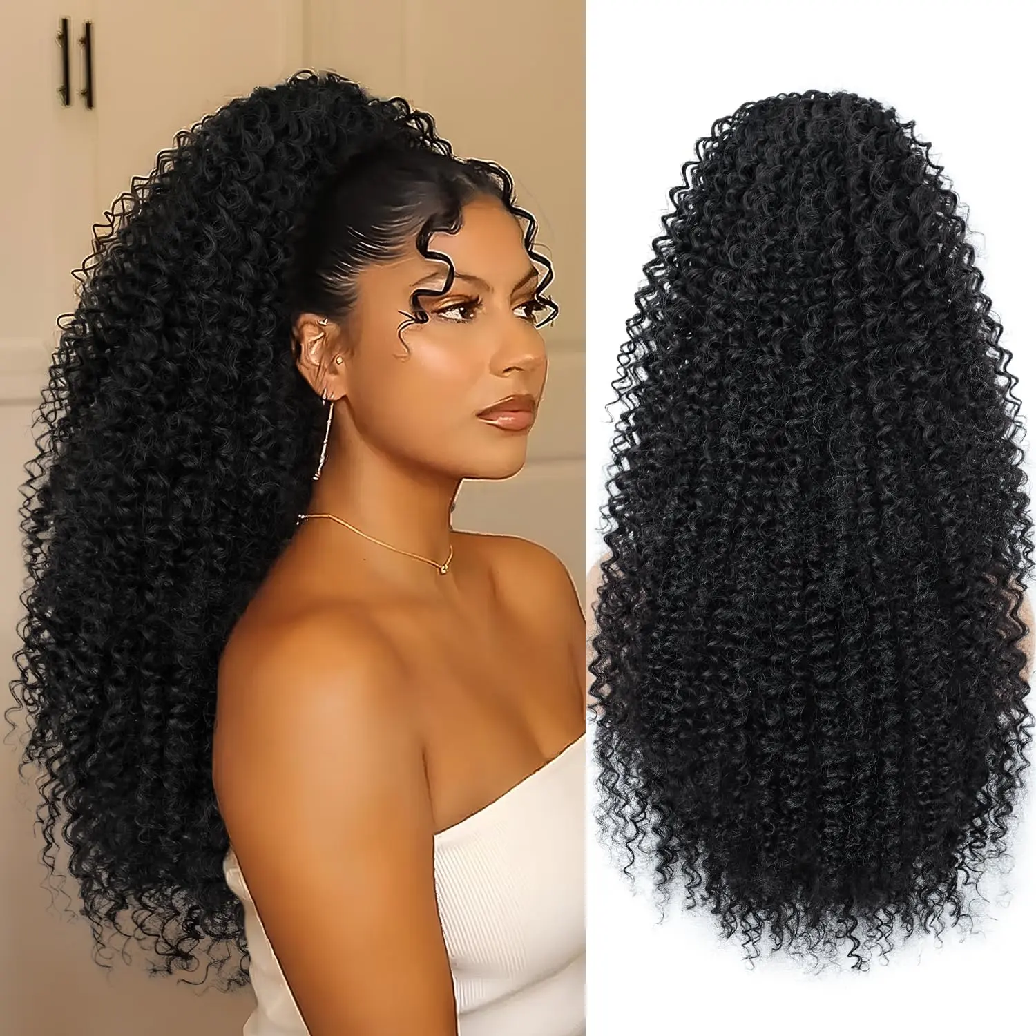 24 Inch Kinky Curly Ponytail Extension for Black Women Drawstring Ponytail Synthetic Long Afro Kinky Ponytail Extension Deep Curly Instant Clip Hair Ponytail Barrettes