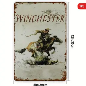 Winchester Hunting Metal Wall Decor - Vintage Western Cowboy & Winchester Rifle for Man - Heavy-Duty Metal Construction - Rustic West Poster Plaque - Garage, Cabin, Man Cave, Bar Decor - Easy Hang with Pre-Drilled Holes - 12x8/12x16in