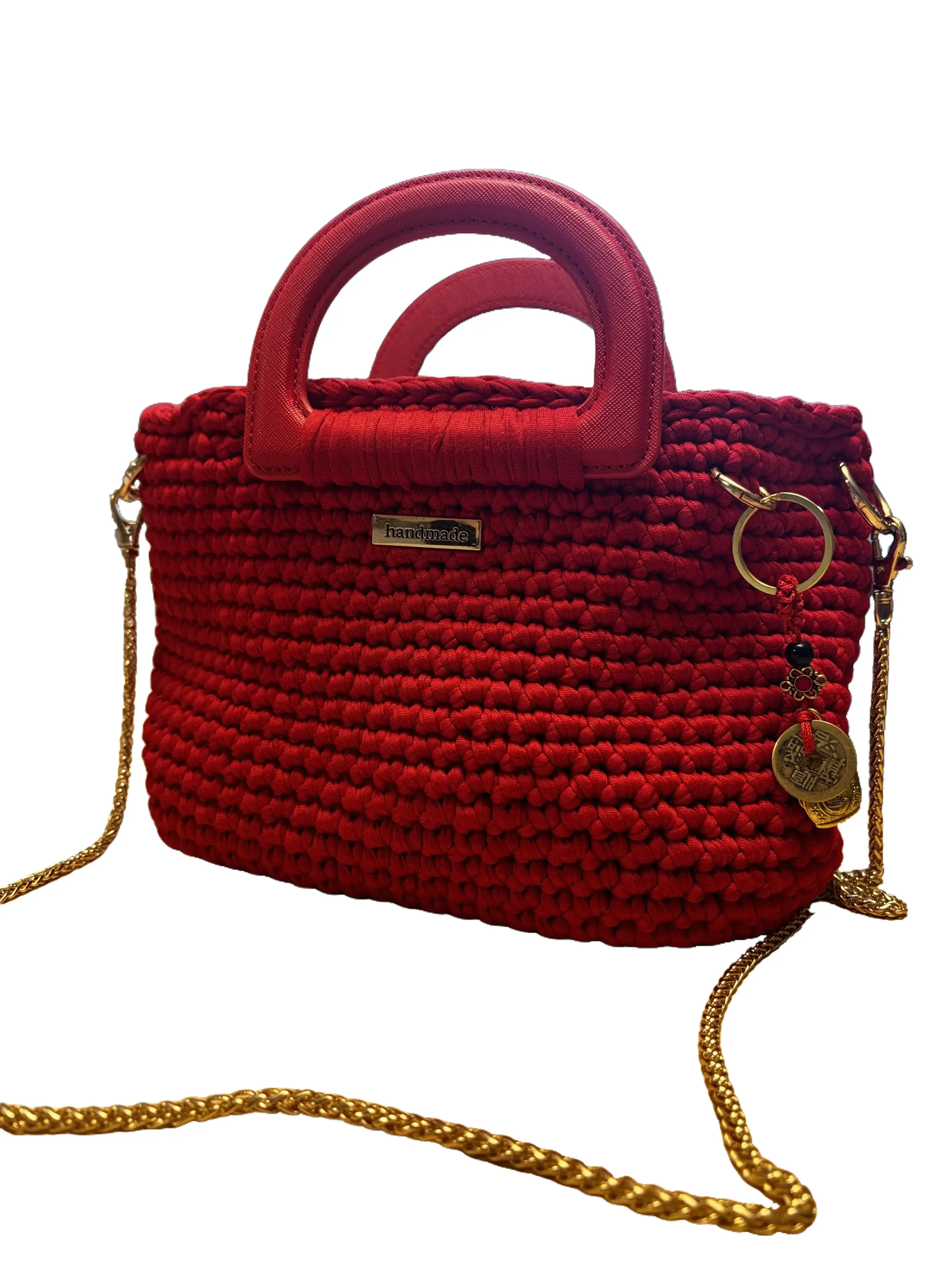 Women's 100% Handmade Crochet Mini Tote Bag - T-Shirt Yarn, Rich Red, Compact, Casual, Elegant, Lightweight, Gold Chain, Made to Order, Crochet Techniques, Minimalist