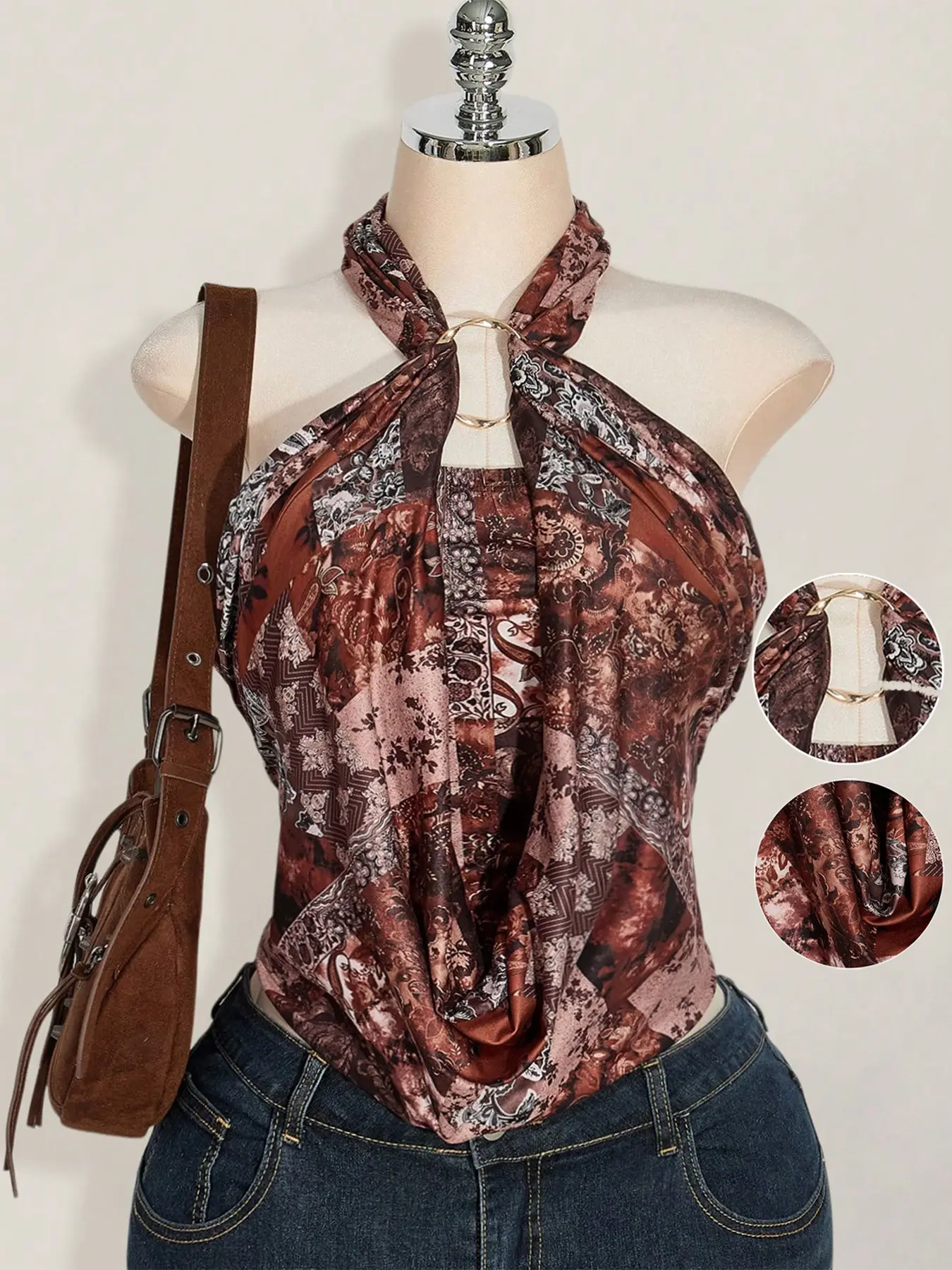 Women's Boho Halter Neck Top, Bohemian Vintage Style Floral Print Sleeveless Blouse, Casual Fitted Top for Beach Vacation, Party Wear, Floral Print Camisoles, Camisole Tops, Casual Beach Tank