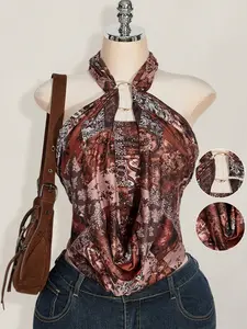 Women's Boho Halter Top, Bohemian Floral Print Sleeveless Blouse, Casual Fitted Beach Vacation, Party Wear, Vintage Style