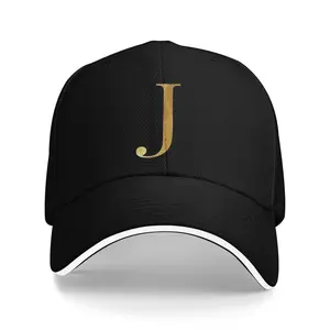 Unisex Black Cotton Baseball Cap with Gold Letter J Print, Adjustable Curved Brim Hat, Breathable Casual Outdoor Sportswear, All-Season Streetwear Hat