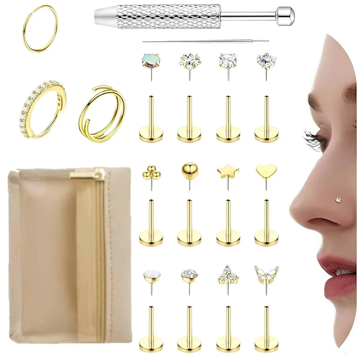 14K Gold Plated Threadless floating navel belly Nose Studs CZ Nose Rings for Women Men 316L Surgical Steel Labret Studs Lip Rings Push in Flat Back Stud Earrings CZ Nose Nostril Tragus Helix  Jewelry Hypoallergenic 20G 18G 16G piercing