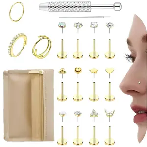 14K Gold Plated Threadless floating navel belly Nose Studs CZ Nose Rings for Women Men 316L Surgical Steel Labret Studs Lip Rings Push in Flat Back Stud Earrings CZ Nose Nostril Tragus Helix  Jewelry Hypoallergenic 20G 18G 16G piercing