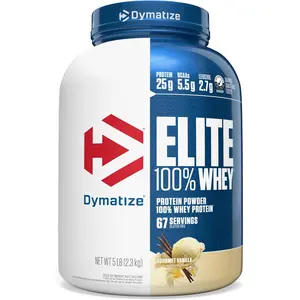 Dymatize Elite 100% Whey Protein Powder, 25g Protein, 5.5g BCAAs & 2.7g L-Leucine, Gourmet Vanilla, 5 Pound, 67 Servings