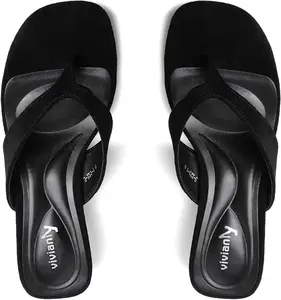 vivianly Women's Suede Slip-On Sandals - Square Toe, Chunky Low Heels, PU Upper, Stylish Elegant Thong Heeled Flip Flops, Casual Walking Footwear,summervibes outdoorfun