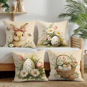 4pcs Easter Rabbit & Egg Decorative Pillow Case Set, Single-Sided Printed Peach Velvet Polyester Material, 45*45CM/18*18inch Cushion Cover, Bedroom Decorative Accessories, Suitable For Home Decor, Gift, Party Decoration
