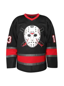 Ice Hockey Jersey Black & Red Color, Front Skull Design Back Number 13 Men & Women Same Style Fan Wear