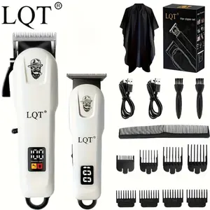 LQT White Barber Clipper & Trimmer Set, Cordless Rechargeable Hair Cutting Kit with LCD Display, Zero Gap Detail Edger, Complete Grooming Tools for Men with Accessories