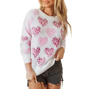 Asvivid Women's Cozy Fuzzy Heart Leopard Print Sweater with Faux Pearled Romantic Knitted Top Knitwear