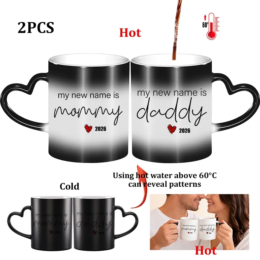 Thermosensitive Cup Mug with 2026 Design, Magic Color-Changing Heart-Handle, 11oz Gift for New Parents, Ideal for Weddings & Announcements