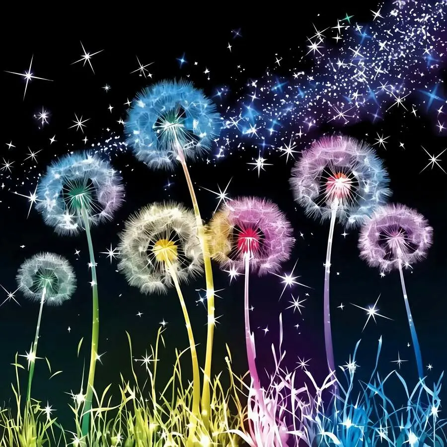5D Diamond Painting Kit - Diamond Pattern Design Rainbow Glowing Dandelions in Starry Night, Full Round Drill Sparkling Fantasy Floral Mosaic Art, DIY Rhinestone Embroidery Designs for Bedroom Wall Decor