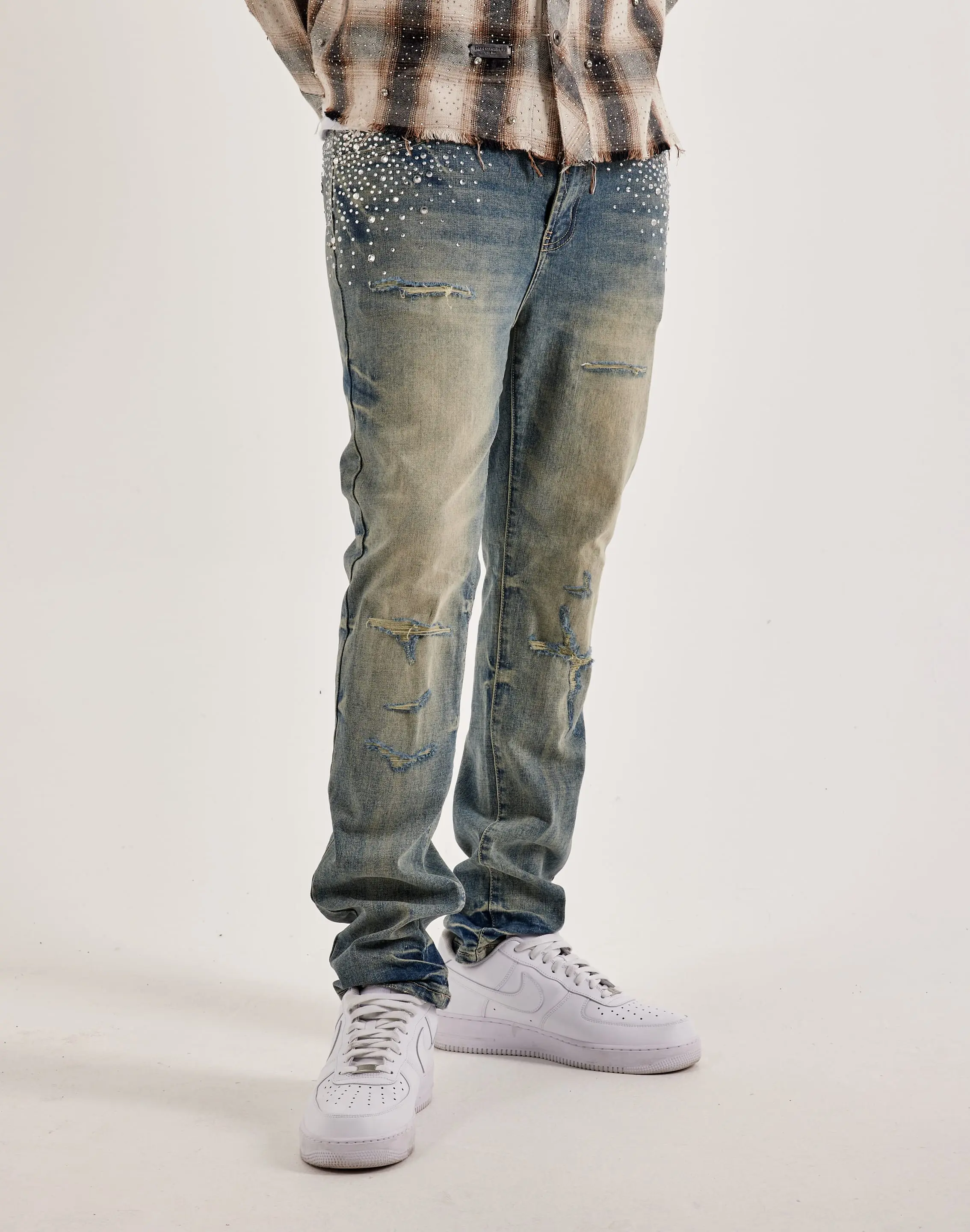 Mens Preme Stacked Rhinestone Distressed Denim Jeans