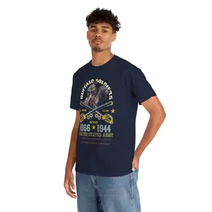 DEMARCIANO Men's Ribbed Round Neck Shortsleeve Heavy Cotton T-Shirt - Navy, Formal, Casual, Smooth Top with Buffalo Soldiers Front Print, Shoulder Tape, Military History Menswear, Veteran's Day Gift