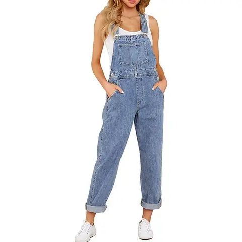 luvamia Women's Sleeveless Blue Mist Stretch Denim Overalls - Full-Length, Adjustable Metal Buckles Add Edge, Fitted Tapered Leg, Moves With Every Step, Casual Jumpsuits Great for Travel & Holidays