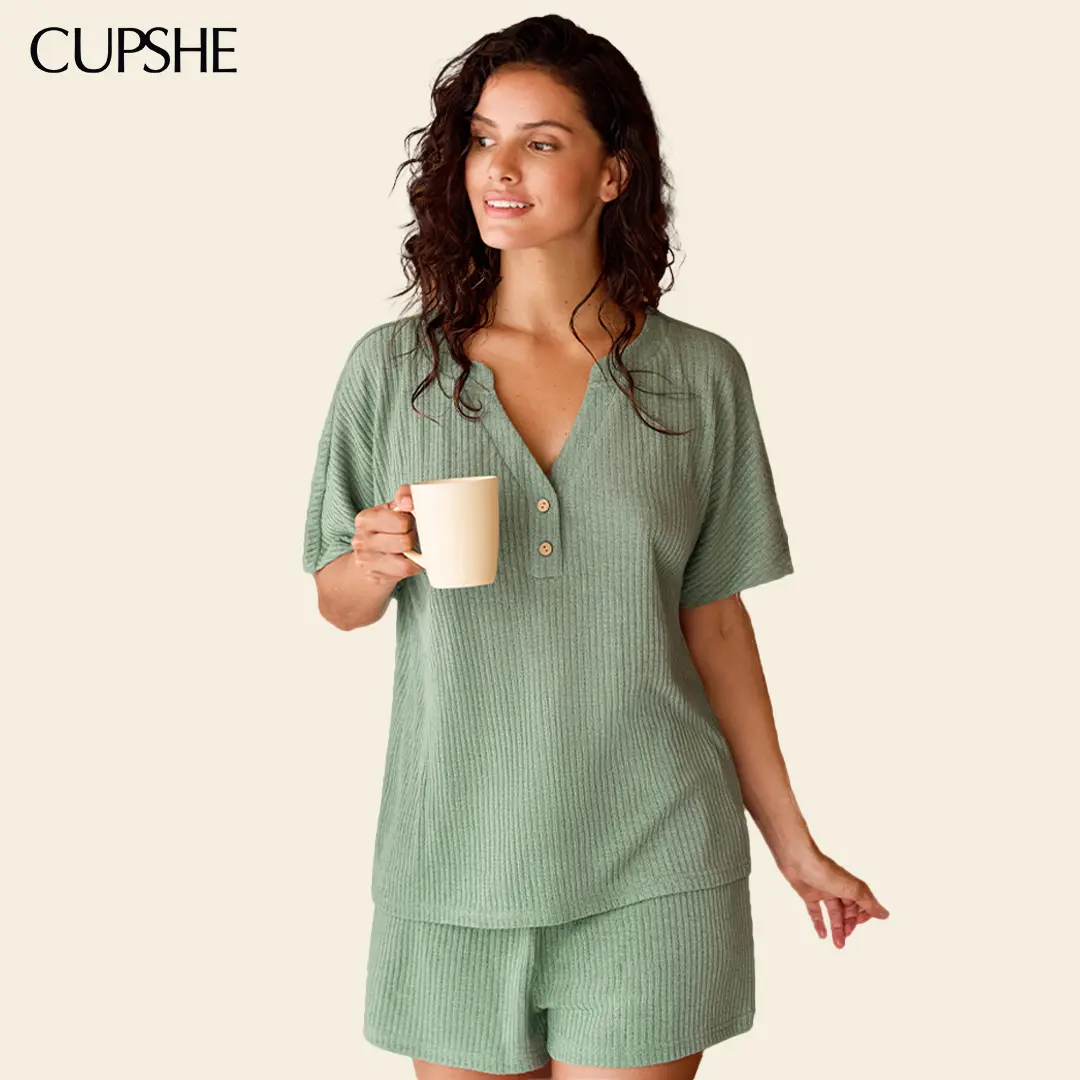 CUPSHE Five More Minutes 2026 Pajama Set Crew Neck Short Sleeve Top & Shorts Soft Loungewear Casual Sleepwear Comfort Home Set Womenswear Homewear Womensfashion #summerfinds