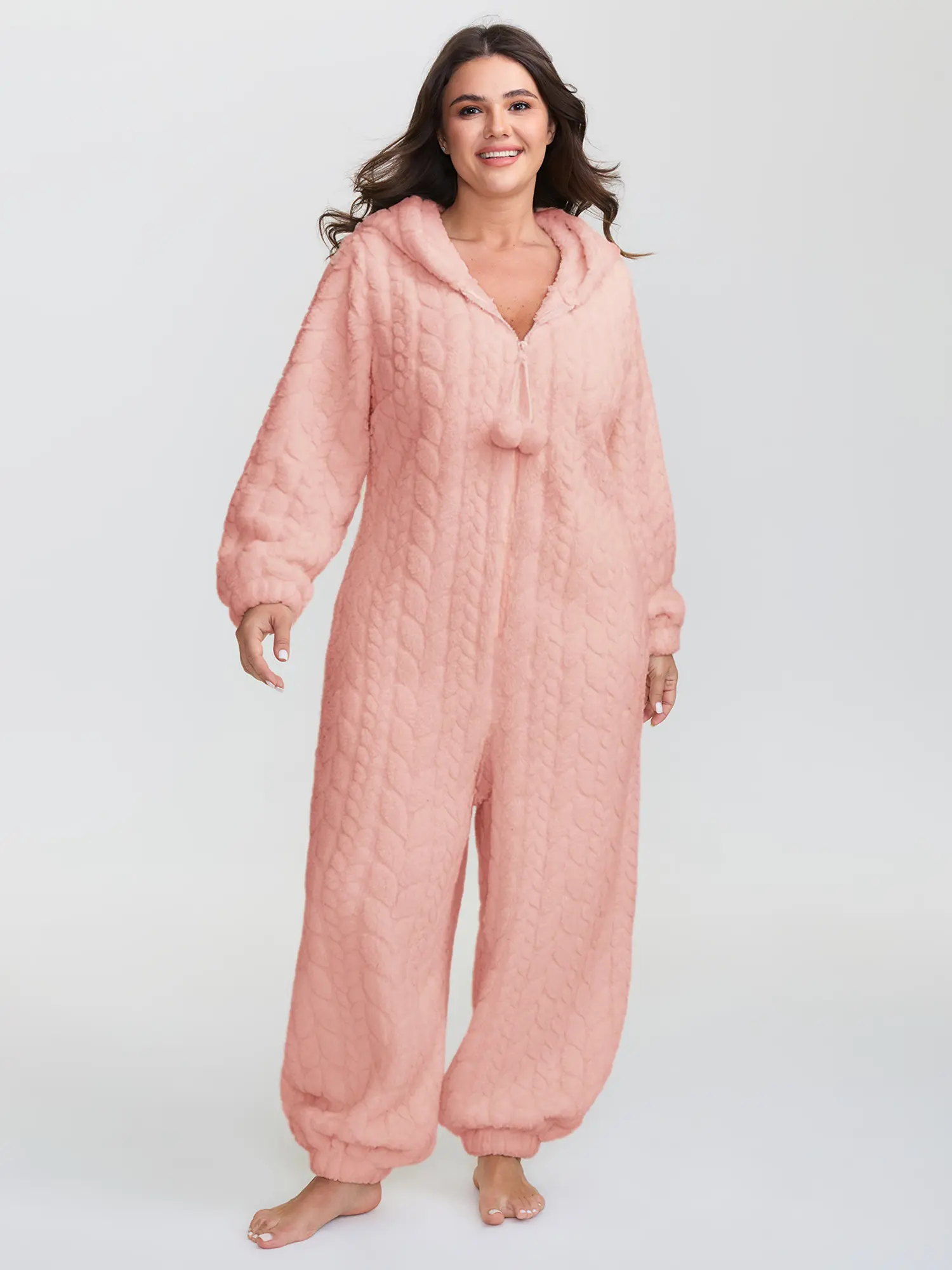 BloomChic Women's Plus Size Hooded Long Sleeve Fleece Onesie (M-6X) - Half-Zip Cozy Loungewear, Soft Warm Pajama Romper for Winter Lounging, Garment, Fit, Plussize, Baggy, Basic, Nightwear, Polyester,clothes for back to school,first day of school outfits