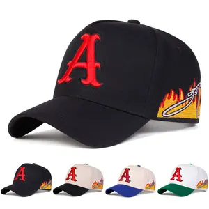 Unisex Letter A Embroidered Side Flame Five-faced Hat Baseball Cap Outdoor Adjustable Sunscreen Leisure Hat Travel Tourism Beach Vacation
