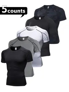 5 Pack Compression Undershirts for Men Short Sleeve Quick Dry Gym Workout Base Layer T-Shirt Running Basketball Athletic Sports Tights Breathable Activewear Athleisure Street Fit