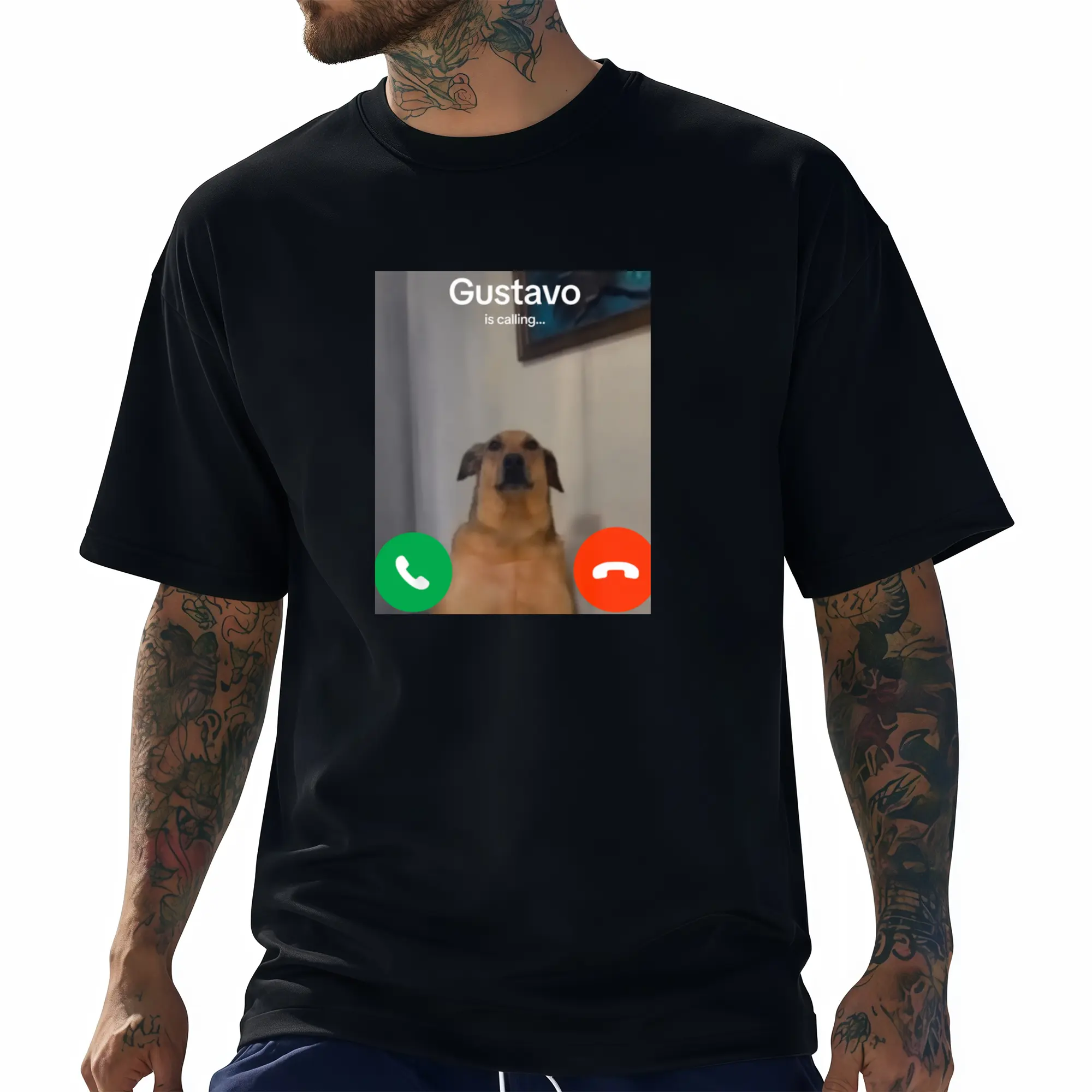 Men's Graphic T-Shirt, 'Gustavo Is Calling' Meme Print, 100% Cotton Casual Streetwear Top with Regular Fit and Short Sleeves, Graphic Print, Round Neck, Men's T Shirts, T Shirts