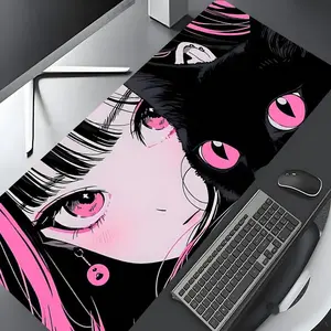 Anime Cute Black Cat and Pink-eyed Girl Pattern Mouse Pad, Anime Mousepad, Large Gaming Mouse Pad, Aesthetic Desktop Decoration Protective Pad, Non-slip Rubber Pad