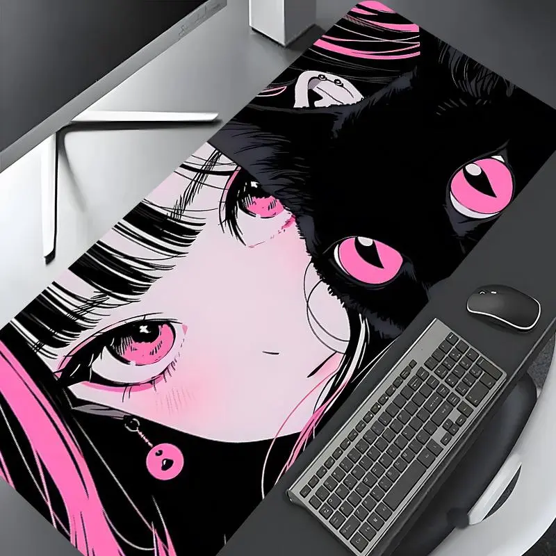Anime Cute Black Cat and Pink-eyed Girl Pattern Computer Mouse Pad, Anime Mousepad, Large Gaming Mouse Pad, Aesthetic Desktop Decoration Protective Pad, Non-slip Rubber Pad