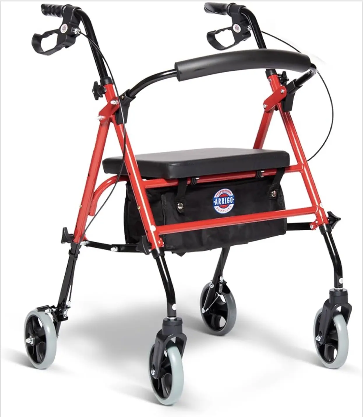Arrigo Rollator Walker with Large Cushioned Seat – Folding 4-Wheel Steel Rolling Walker with Brakes, Soft Backrest & Zippered Storage – Smooth Ride, Adjustable Height, Supports up to 350 lbs