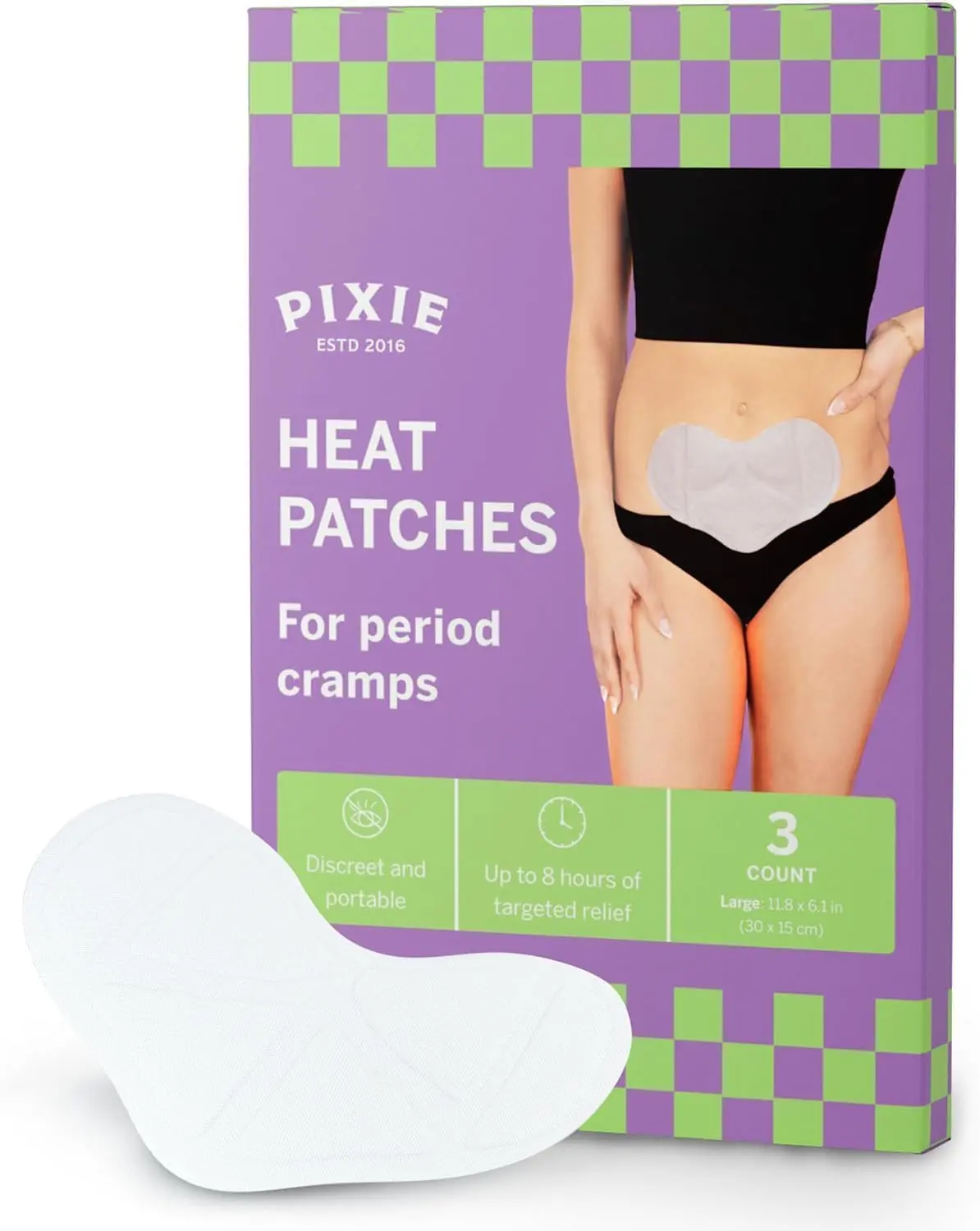 Pixie 8-inch Menstrual Pain Relief Heat Patches – Up to 8 Hours of Warming Comfort – Air-Activated Disposable Heat Pads – Wearable Body Warmers (3 Count)